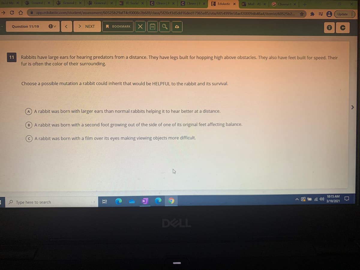 Therd Ma X
General ( x General ( x
General (X N 7C Social x C Clever |P x C Clever |P x
E Edulastic x
O Mail- AS x G Chooset x
A app.edulastic.com/student/assessment/60525b29af74cf0008c2b68f/class/5f20cf3d5dd16ded17965e85/uta/6054999e58acf20009db46a4/itemld/60525b2..
* E 8 Update :
Question 11/19
> NEXT
A BOOKMARK
Rabbits have large ears for hearing predators from a distance. They have legs built for hopping high above obstacles. They also have feet built for speed. Their
fur is often the color of their surrounding.
11
Choose a possible mutation a rabbit could inherit that would be HELPFUL to the rabbit and its survival.
A A rabbit was born with larger ears than normal rabbits helping it to hear better at a distance.
BA rabbit was born with a second foot growing out of the side of one of its original feet affecting balance.
CA rabbit was born with a film over its eyes making viewing objects more difficult.
10:15 AM
P Type here to search
3/19/2021
DELL
