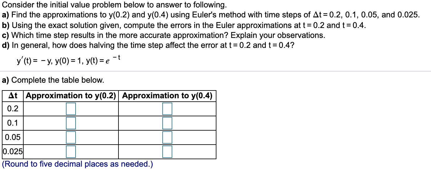 Consider the initial value problem below to answer to following.
a) Find the approximations to y(0.2) and y(0.4) using Euler's method with time steps of At = 0.2, 0.1, 0.05, and 0.025.
b) Using the exact solution given, compute the errors in the Euler approximations at t= 0.2 and t= 0.4.
c) Which time step results in the more accurate approximation? Explain your observations.
d) In general, how does halving the time step affect the error at t= 0.2 and t= 0.4?
y'(t) = - y, y(0) = 1, y(t) = e ¯t
a) Complete the table below.
At Approximation to y(0.2) Approximation to y(0.4)
0.2
0.1
0.05
0.025
(Round to five decimal places as needed.)
