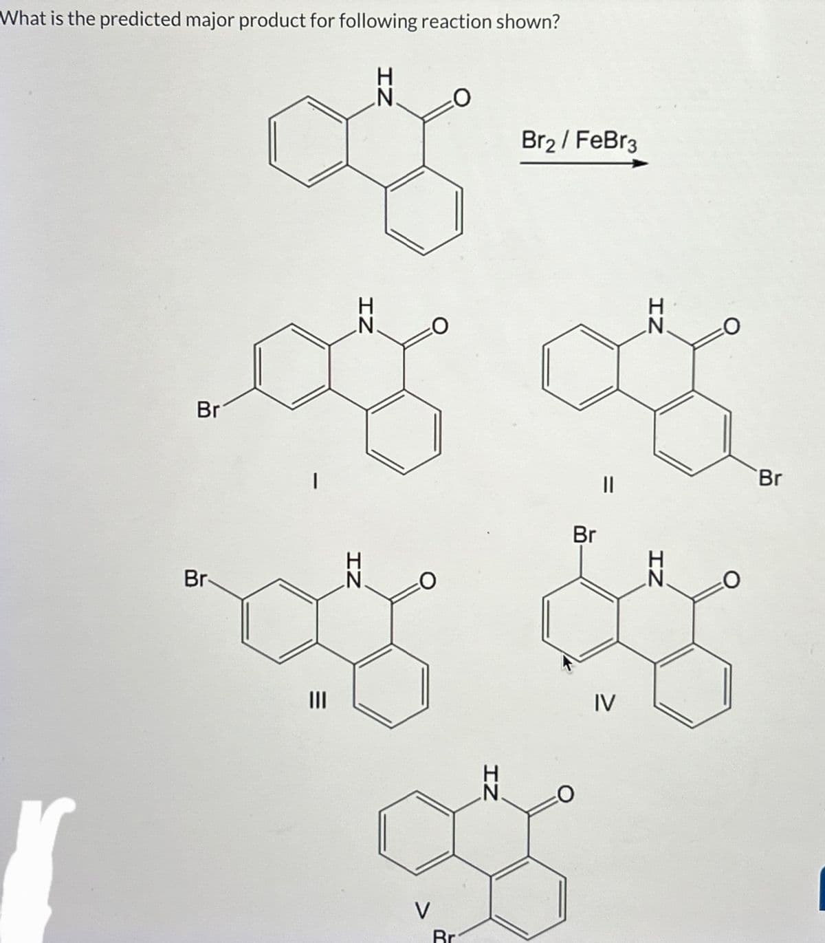 What is the predicted major product for following reaction shown?
N
B
A
of
1
|||
Br
Br-
=
IZ
IZ
V
Br
IZ
Br2 / FeBr3
Br
||
IV
N.
IZ
Br