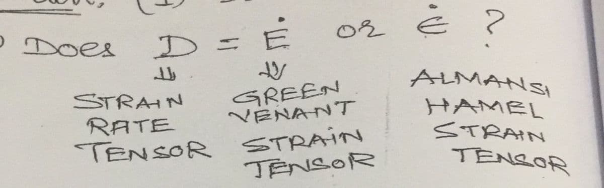 or é ?
Does
D= E
%3D
ALMANSI
GREEN
VENANT
STRAIN
HAMEL
STRAIN
TENSOR
RATE
TENSOR STRAIN
JENSOR
