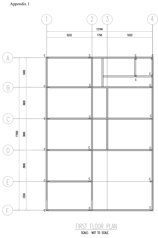 Appendix 1
A
B
D
E
F
17500
3400
3600
3600
3600
3300
1
5222
2
12194
1750
3
FIRST FLOOR PLAN
SCALE: NOT TO SCALE
5222
4
U
C