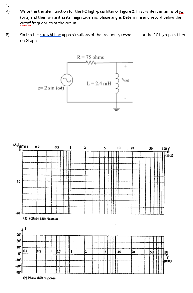 1.
A)
B)
Write the transfer function for the RC high-pass filter of Figure 2. First write it in terms of jw
(or s) and then write it as its magnitude and phase angle. Determine and record below the
cutoff frequencies of the circuit.
Sketch the straight line approximations of the frequency responses for the RC high-pass filter
on Graph
Avla 0.1
0
-20
-10
90°
60°
30°
0'
-30°
-60*
-90*
e=2 sin (cot)
0
0.2
(a) Voltage gain response
0.5
0.1 0.2
b.²
(b) Phase shift response
1
1
R = 75 ohms
2
L=2.4 mH
5
Vout
10 20
10
20
50
50
100 f
(kHz)
100
(kHz)