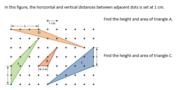 In this figure, the horizontal and vertical distances between adjacent dots is set at 1 cm.
Find the height and area of triangle A.
1 cm
D
Find the height and area of triangle C.
B
