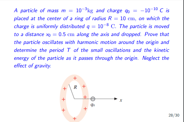 A particle of mass m = 10-³kg and charge qo -10-1⁰ C is
placed at the center of a ring of radius R = 10 cm, on which the
charge is uniformly distributed q = 10-8 C. The particle is moved
to a distance xo = 0.5 cm along the axis and dropped. Prove that
the particle oscillates with harmonic motion around the origin and
determine the period T of the small oscillations and the kinetic
energy of the particle as it passes through the origin. Neglect the
effect of gravity.
+
+
R+
+
H
+
0
9⁰
=
28/30