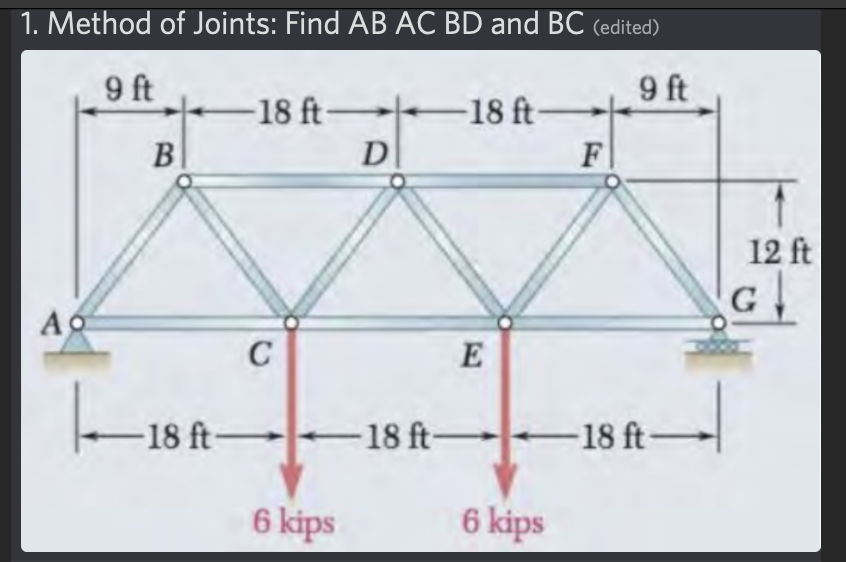 1. Method of Joints: Find AB AC BD and BC (edited)
9 ft
9 ft
Ao
B
H
-18 ft-
C
-18 ft-
D
6 kips
-18 ft-
-18 ft-
E
F
-18 ft-
6 kips
12 ft
G↓