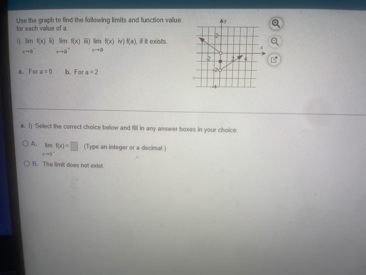 Use the graph to find the following limits and function value
for each value of a.
i) lim f(x) i) lim f(x) i) lim f(x) iv) f(a), if it exists.
a. For a 0
b. For a 2
a. i) Select the correct choice below and fill in any answer boxes in your choice.
O A. lim f(x) D
(Type an integer or a decimal.)
O B. The limit does not exist.
