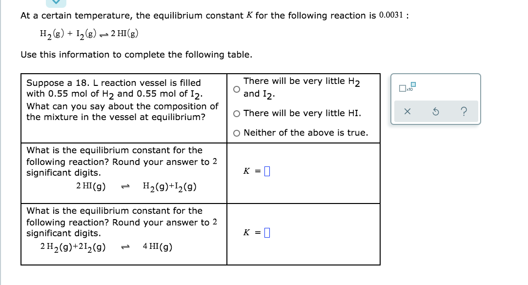 At a certain temperature, the equilibrium constant K for the following reaction is 0.0031 :
H2(g) + I½(g) – 2 HI(g)
Use this information to complete the following table.
Suppose a 18. L reaction vessel is filled
with 0.55 mol of H2 and 0.55 mol of I2.
There will be very little H2
and I2.
What can you say about the composition of
the mixture in the vessel at equilibrium?
O There will be very little HI.
O Neither of the above is true.
What is the equilibrium constant for the
following reaction? Round your answer to 2
significant digits.
K =]
2 HI(g)
H2(9)+I½(g)
1,
What is the equilibrium constant for the
following reaction? Round your answer to 2
significant digits.
2 H2(9)+2I½(g)
K = |
4 HI(g)
1,
