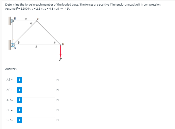 Determine the force in each member of the loaded truss. The forces are positive if in tension, negative if in compression.
Assume F= 3200 N, a = 2.3 m, b = 4.6 m, 0 = 41°.
B
a
F
Answers:
AB =
i
AC =
i
AD =
BC =
CD =
i
N
