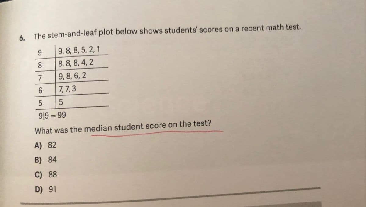 6. The stem-and-leaf plot below shows students' scores on a recent math test.
9
9, 8, 8, 5, 2, 1
8
8, 8, 8, 4, 2
7
9, 8, 6, 2
6
7,7,3
5
5
91999
What was the median student score on the test?
A) 82
B) 84
C) 88
D) 91