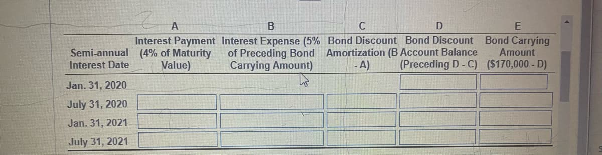 A
Interest Payment
Semi-annual (4% of Maturity
Interest Date
Value)
Jan. 31, 2020
July 31, 2020
Jan. 31, 2021
July 31, 2021
B
Interest Expense (5%
of Preceding Bond
Carrying Amount)
C
D
Bond Discount Bond Discount
Amortization (B Account Balance
- A) (Preceding D-C)
E
Bond Carrying
Amount
($170,000 - D)