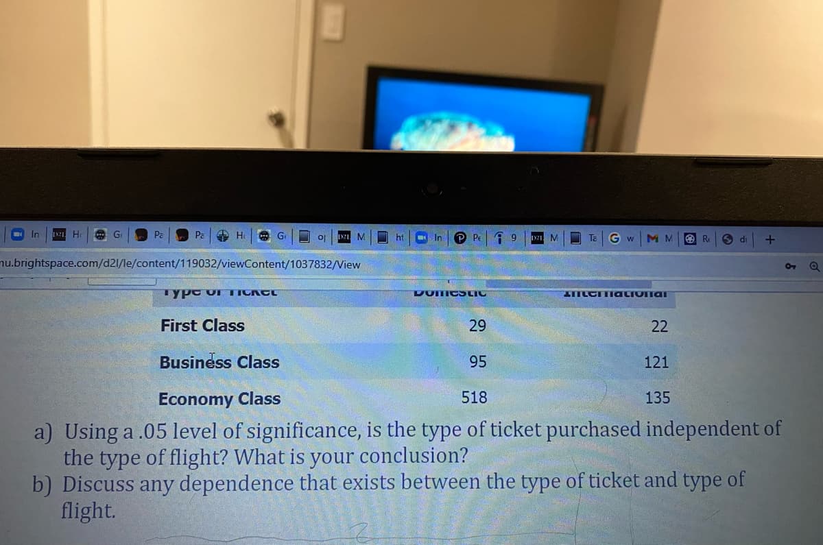 In 121 H ... G
Pa
Pa
H
nu.brightspace.com/d21/le/content/119032/viewContent/1037832/View
Type or TICKCE
First Class
ht
In P Pe
Domestic
29
95
9 121. M
G
MM
Interativital
22
121
Re
Business Class
Economy Class
518
a) Using a .05 level of significance, is the type of ticket purchased independent of
the type of flight? What is your conclusion?
b) Discuss any dependence that exists between the type of ticket and type of
flight.
135
di
+
07 a