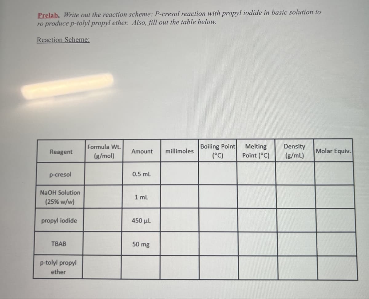 Prelab. Write out the reaction scheme: P-cresol reaction with propyl iodide in basic solution to
ro produce p-tolyl propyl ether. Also, fill out the table below.
Reaction Scheme:
Reagent
Formula Wt.
(g/mol)
Amount
millimoles
Boiling Point
(°C)
Melting
Point (°C)
Density
Molar Equiv.
(g/mL)
p-cresol
NaOH Solution
(25% w/w)
propyl iodide
TBAB
p-tolyl propyl
ether
0.5 mL
1 mL
450 με
50 mg