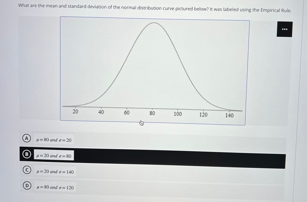 What are the mean and standard deviation of the normal distribution curve pictured below? It was labeled using the Empirical Rule.
A
B
C
D
μ=80 and o=20
μ=20 and o=80
20
μ=20 and o= 140
μ=80 and o= 120
40
60
80
100
120
140