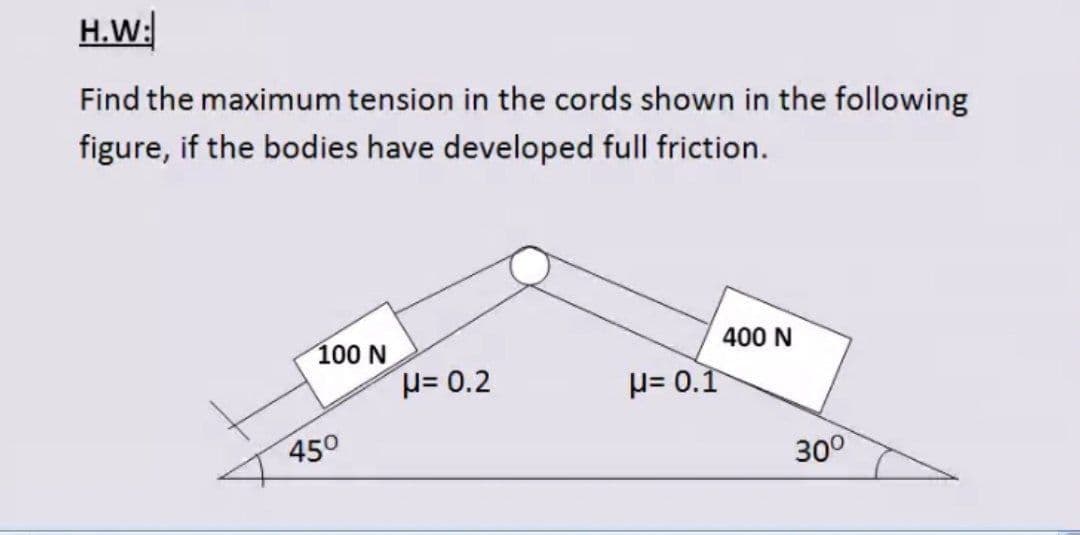 H.W:
Find the maximum tension in the cords shown in the following
figure, if the bodies have developed full friction.
100 N
400 N
= 0.2
H= 0.1
450
30°
