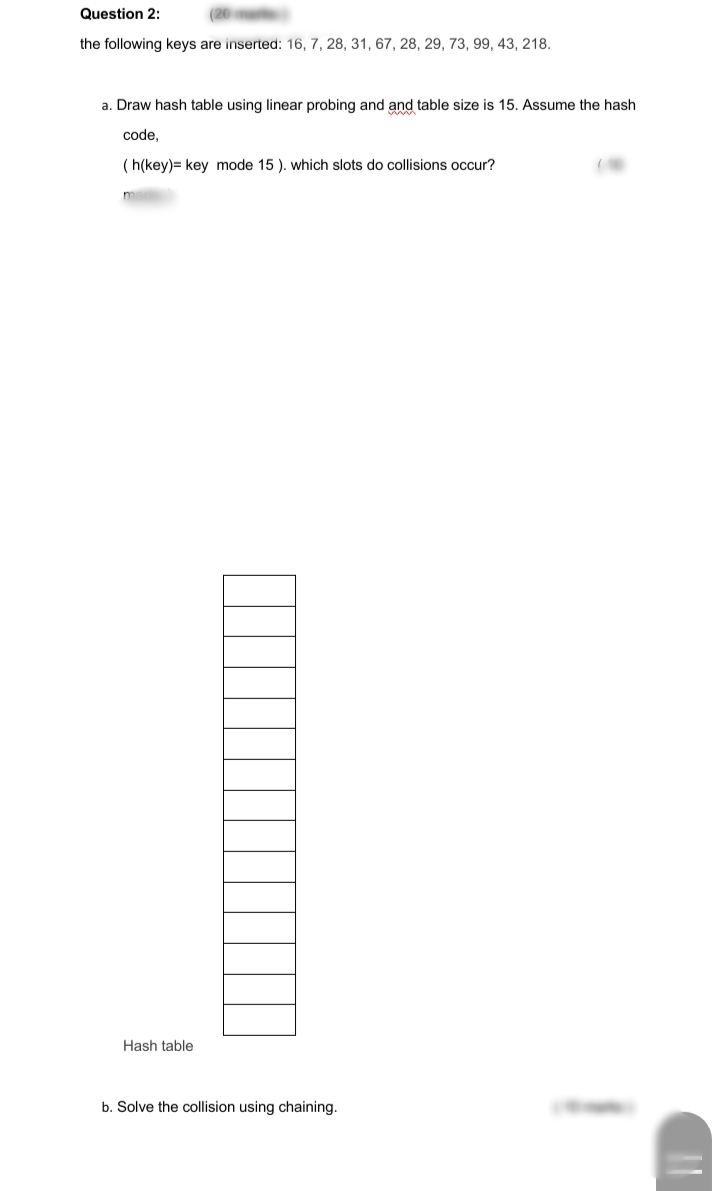 Question 2:
the following keys are inserted: 16, 7, 28, 31, 67, 28, 29, 73, 99, 43, 218.
a. Draw hash table using linear probing and and table size is 15. Assume the hash
code,
(h(key)= key mode 15 ). which slots do collisions occur?
Hash table
b. Solve the collision using chaining.
