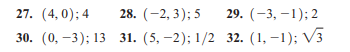 27. (4,0); 4
28. (-2, 3); 5
29. (-3, –1); 2
30. (0, —3): 13 31. (5, —2); 1/2 з2. (1, —1); V3
