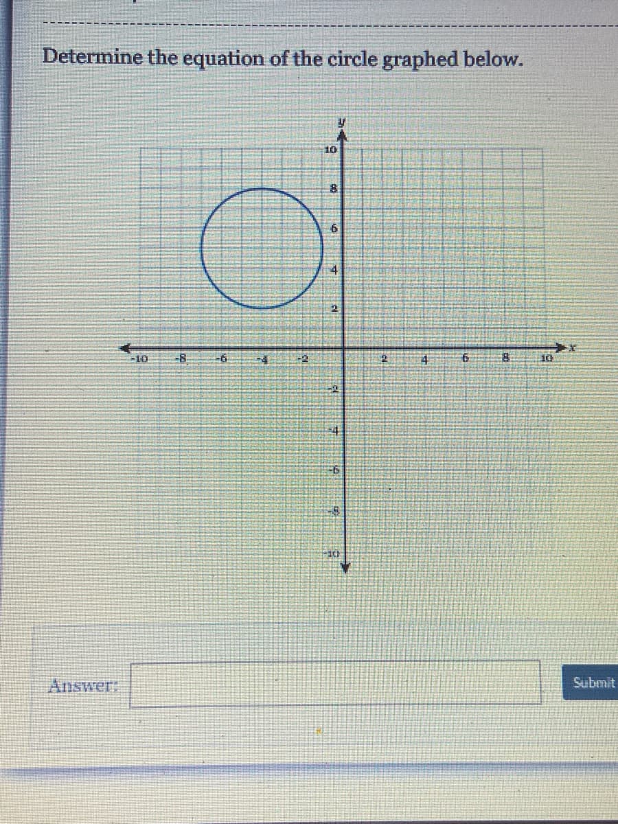 Determine the equation of the circle graphed below.
10
-10
-8
-6
-2
4.
TO
Answer:
Submit
