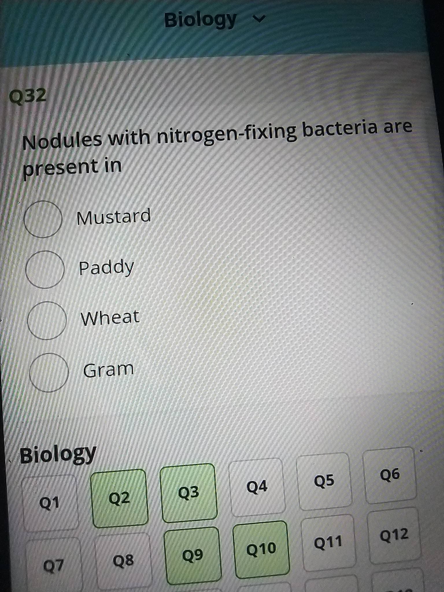 0000
Biology
Q32
Nodules with nitrogen-fixing bacteria are
present in
Mustard
Paddy
Wheat
Gram
Biology
Q4
Q5
Q2
90
Q11
Q12
Q8
Q10
60
