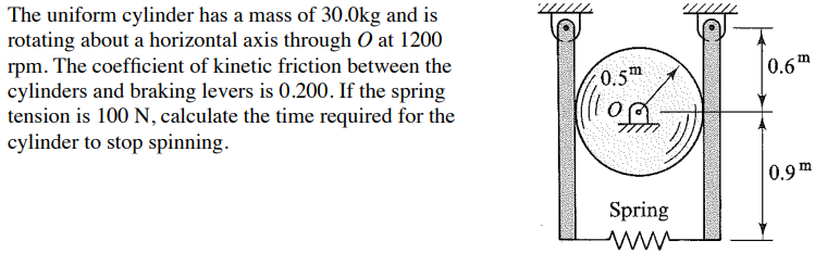 The uniform cylinder has a mass of 30.0kg and is
rotating about a horizontal axis through O at 1200
rpm. The coefficient of kinetic friction between the
cylinders and braking levers is 0.200. If the spring
tension is 100 N, calculate the time required for the
cylinder to stop spinning.
0.5m
on
Spring
www
0.6m
0.9m