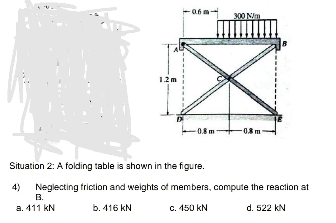 1.2 m
4)
0.6 m-
0.8 m
300 N/m
c. 450 kN
0.8 m
Situation 2: A folding table is shown in the figure.
Neglecting friction and weights of members, compute the reaction at
B.
a. 411 kN
b. 416 kN
d. 522 kN
B