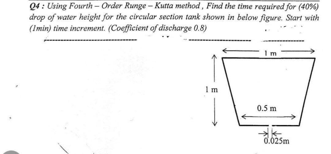 Q4: Using Fourth - Order Runge- Kutta method, Find the time required for (40%)
drop of water height for the circular section tank shown in below figure. Start with
(1min) time increment. (Coefficient of discharge 0.8)
1 m
1 m
0.5 m
0.025m