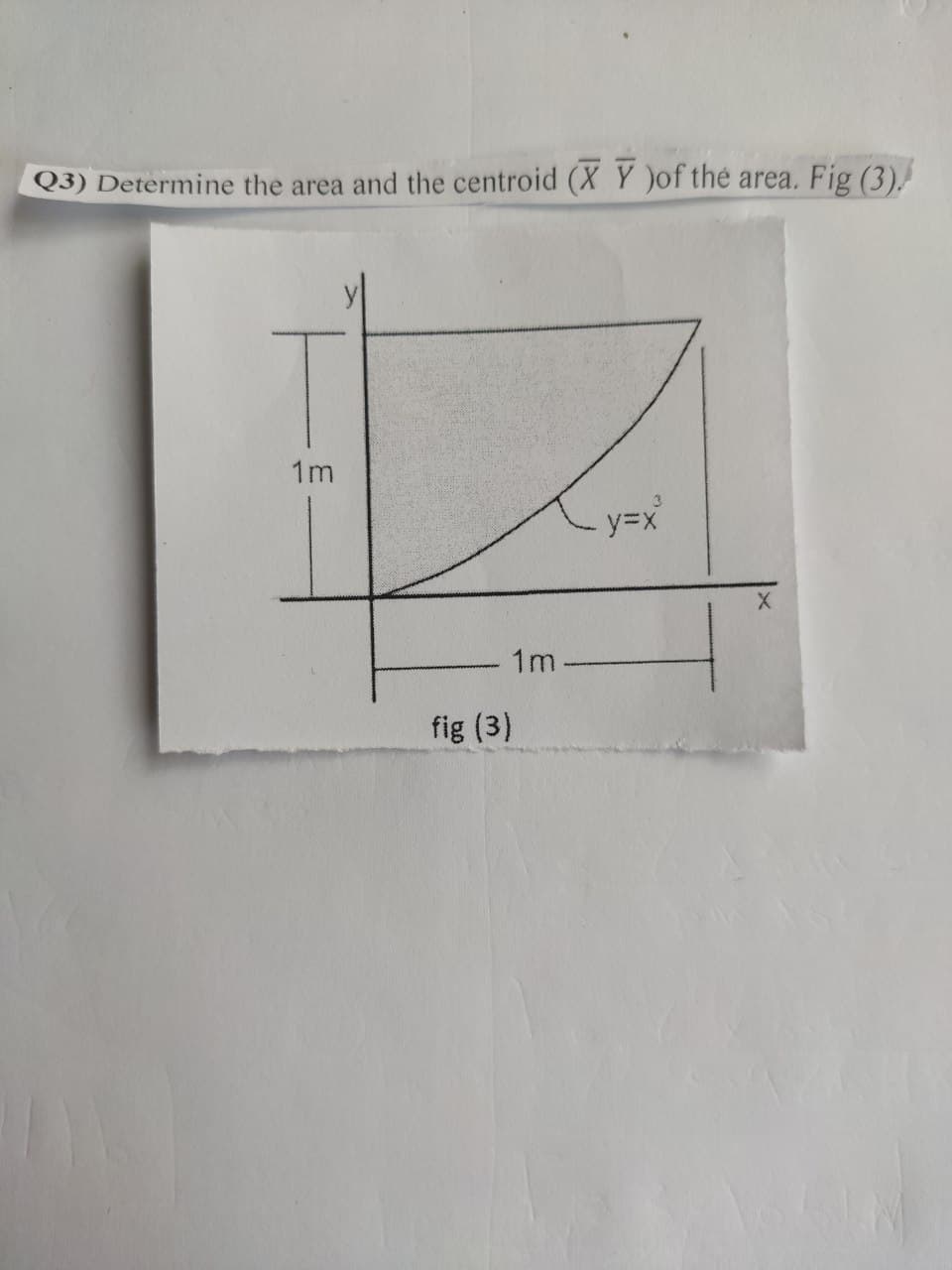 Q3) Determine the area and the centroid (XY)of the area. Fig (3)
1m
1m.
fig (3)
. y=x
X