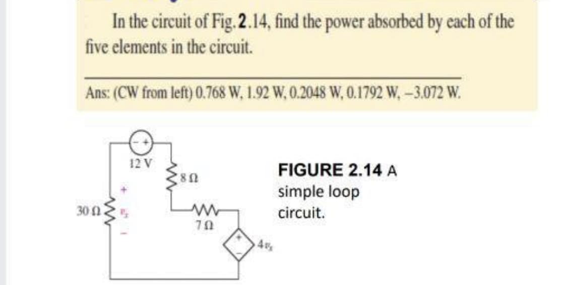 In the circuit of Fig. 2.14, find the power absorbed by each of the
five elements in the circuit.
Ans: (CW from left) 0.768 W, 1.92 W, 0.2048 W, 0.1792 W, –3.072 W.
12 V
FIGURE 2.14 A
simple loop
30 1
circuit.
