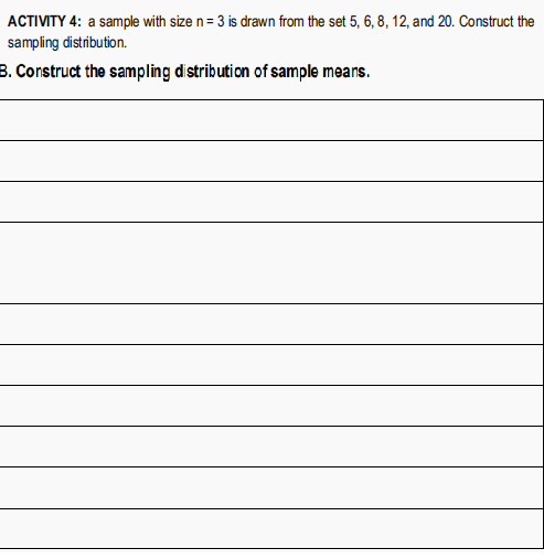 ACTIVITY 4: a sample with size n = 3 is drawn from the set 5, 6, 8, 12, and 20. Construct the
sampling distribution.
B. Corstruct the sampling distribution of sample means.
