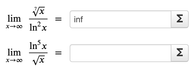 lim
x →∞
lim
x →∞
In²x
In5x
√√x
inf
M
M