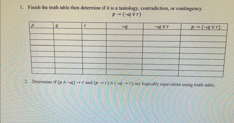 1. Finish the truth table then determine if it is a tautology, contradiction, or contingency.
|P
9 Vr
p-(¬qvr)
2. Determine if (p A¬q) → r and (pr) A(¬9 → r) are logically equivalent using truth table.
