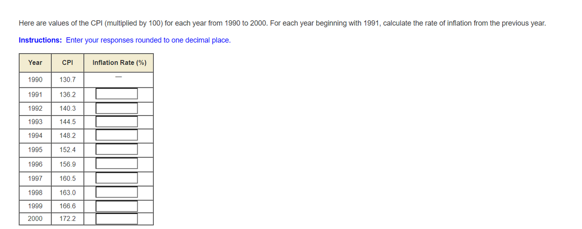 Here are values of the CPI (multiplied by 100) for each year from 1990 to 2000. For each year beginning with 1991, calculate the rate of inflation from the previous year.
Instructions: Enter your responses rounded to one decimal place.
Year
CPI
Inflation Rate (%)
1990
130.7
1991
136.2
1992
140.3
1993
144.5
1994
148.2
1995
152.4
1996
156.9
1997
160.5
1998
163.0
1999
166.6
2000
172.2
