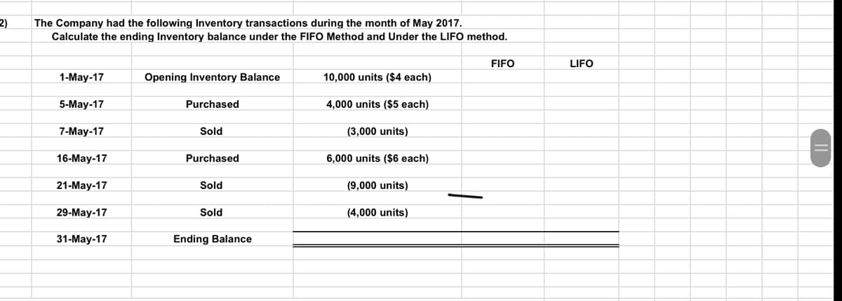 2)
The Company had the following Inventory transactions during the month of May 2017.
Calculate the ending Inventory balance under the FIFO Method and Under the LIFO method.
FIFO
LIFO
1-May-17
Opening Inventory Balance
10,000 units ($4 each)
5-Мay-17
Purchased
4,000 units ($5 each)
7-May-17
Sold
(3,000 units)
16-May-17
Purchased
6,000 units ($6 each)
21-May-17
Sold
(9,000 units)
29-Мay-17
Sold
(4,000 units)
31-Мay-17
Ending Balance
