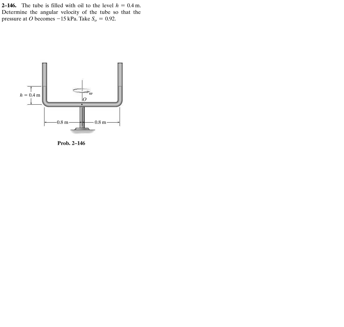 2-146. The tube is filled with oil to the level h = 0.4 m.
Determine the angular velocity of the tube so that the
pressure at O becomes –15 kPa. Take S, = 0.92.
h = 0,4 m
-0.8 m
0.8 m
Prob. 2–146
