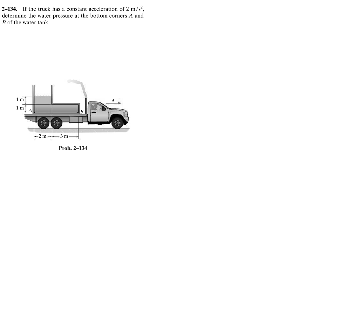 2-134. If the truck has a constant acceleration of 2 m/s?,
determine the water pressure at the bottom corners A and
B of the water tank.
1 m
a
1 m
-2 m -3 m-
Prob. 2–134
