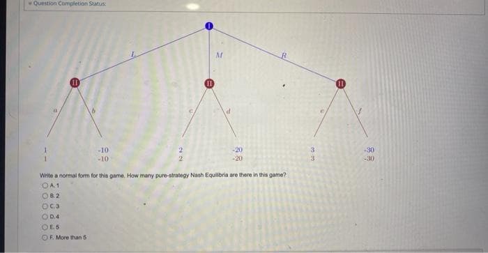 Question Completion Status:
II
-10
-20
3.
-30
-10
2.
-20
3
-30
Write a normal form for this game. How many pure-strategy Nash Equilbria are there in this game?
OA1
OB.2
OC3
OD.4
OES
OF. More than 5

