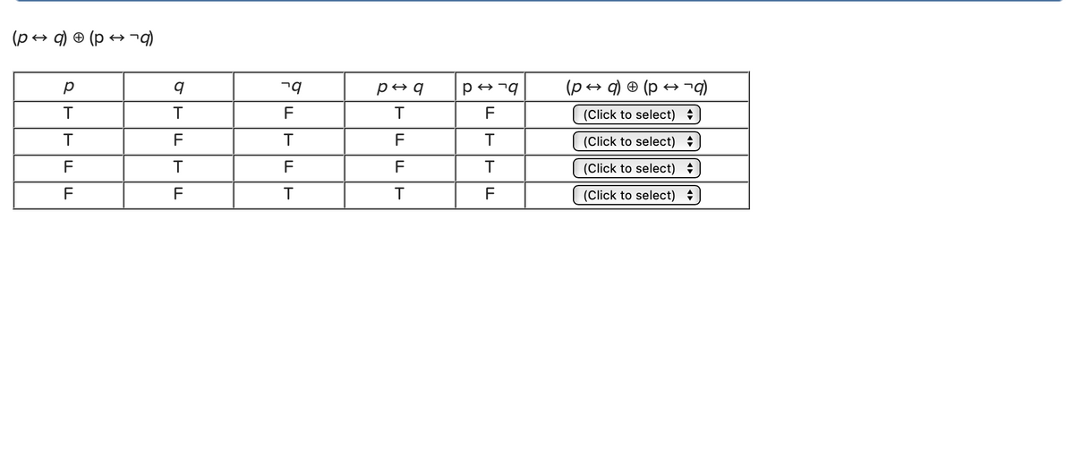 (p+ q) ® (p +→
p+ ¬q
(p+ q) ® (p +→¬q
T
F
(Click to select)
T
F
F
T
(Click to select)
F
T
F
(Click to select) ÷
F
F
T
F
(Click to select) +
