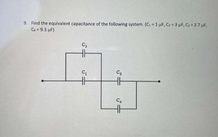 9. Find the equivalent capacitance of the following system. (C₁ = 1 µF, C₁=3 μF, C3= 2.7 μF,
C₁ = 9.3 μF)
C₂
45
C₁
C3
HH
HH
CA