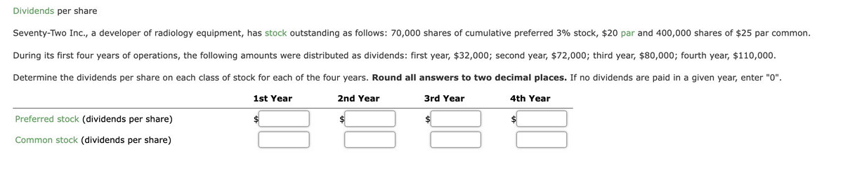 Dividends per share
Seventy-Two Inc., a developer of radiology equipment, has stock outstanding as follows: 70,000 shares of cumulative preferred 3% stock, $20 par and 400,000 shares of $25 par common.
During its first four years of operations, the following amounts were distributed as dividends: first year, $32,000; second year, $72,000; third year, $80,000; fourth year, $110,000.
Determine the dividends per share on each class of stock for each of the four years. Round all answers to two decimal places. If no dividends are paid in a given year, enter "0".
Preferred stock (dividends per share)
Common stock (dividends per share)
1st Year
$
2nd Year
$
3rd Year
$
4th Year
$