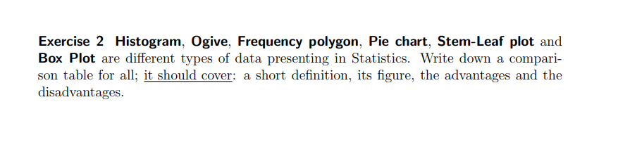 Exercise 2 Histogram, Ogive, Frequency polygon, Pie chart, Stem-Leaf plot and
Box Plot are different types of data presenting in Statistics. Write down a compari-
son table for all; it should cover: a short definition, its figure, the advantages and the
disadvantages.
