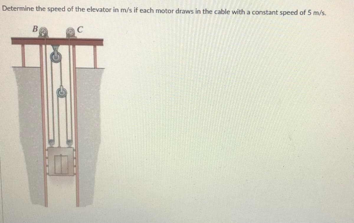 Determine the speed of the elevator in m/s if each motor draws in the cable with a constant speed of 5 m/s.
