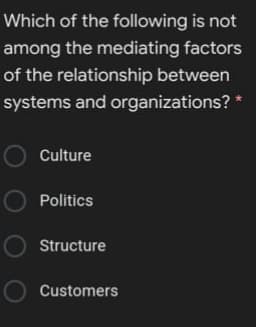 Which of the following is not
among the mediating factors
of the relationship between
systems and organizations? *
Culture
O Politics
Structure
O Customers
