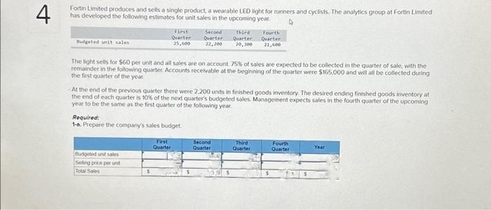 4
Fortin Limited produces and sells a single product, a wearable LED light for runners and cyclists. The analytics group at Fortin Limited
has developed the following estimates for unit sales in the upcoming year
Budgeted init sales
First
Quarter
25,600
The light sells for $60 per unit and all sales are on account. 75% of sales are expected to be collected in the quarter of sale, with the
remainder in the following quarter Accounts receivable at the beginning of the quarter were $165,000 and will all be collected during
the first quarter of the year.
Required:
1-8. Prepare the company's sales budget.
Budgeted unit sales
Seling price per unit
Total Sales
At the end of the previous quarter there were 2.200 units in finished goods inventory. The desired ending finished goods inventory at
the end of each quarter is 10% of the next quarter's budgeted sales. Management expects sales in the fourth quarter of the upcoming
year to be the same as the first quarter of the following year
$
Second Third
Quarter Quarter
22,200 20,300
First
Quarter
Fourth
Quarter
21,600
Second
Quarter
Third
Quarter
Fourth
Quarter
Year