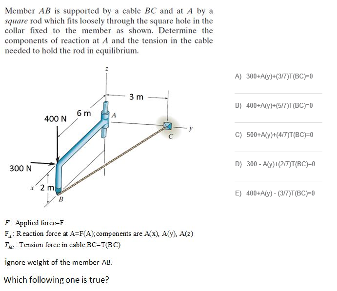 Member AB is supported by a cable BC and at A by a
square rod which fits loosely through the square hole in the
collar fixed to the member as shown. Determine the
components of reaction at A and the tension in the cable
needed to hold the rod in equilibrium.
A) 300+A(y)+(3/7)T(BC)=0
3 m
B) 400+A(y)+(5/7)T(BC)=0
6 m
400 N
C
C) 500+A(y)+(4/7)T(BC)=0
D) 300 - A(y)+(2/7)T(BC)=0
300 N
x 2 m
E) 400+A(y) - (3/7)T(BC)=0
F: Applied force=F
F: Reaction force at A=F(A);components are A(x), A(y), A(z)
T : Tension force in cable BC=T(BC)
ignore weight of the member AB.
Which following one is true?
