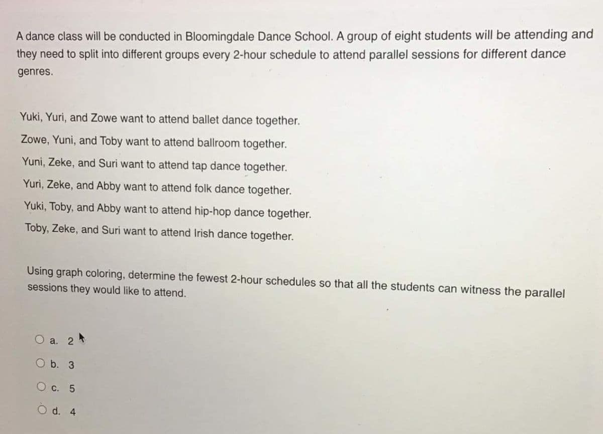 A dance class will be conducted in Bloomingdale Dance School. A group of eight students will be attending and
they need to split into different groups every 2-hour schedule to attend parallel sessions for different dance
genres.
Yuki, Yuri, and Zowe want to attend ballet dance together.
Zowe, Yuni, and Toby want to attend ballroom together.
Yuni, Zeke, and Suri want to attend tap dance together.
Yuri, Zeke, and Abby want to attend folk dance together.
Yuki, Toby, and Abby want to attend hip-hop dance together.
Toby, Zeke, and Suri want to attend Irish dance together.
Using graph coloring, determine the fewest 2-hour schedules so that all the students can witness the parallel
sessions they would like to attend.
a. 24
O b. 3
O c. 5
O d. 4