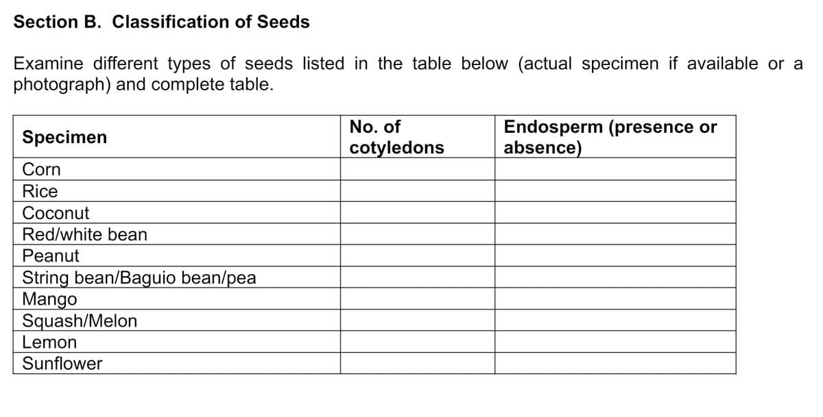 Section B. Classification of Seeds
Examine different types of seeds listed in the table below (actual specimen if available or a
photograph) and complete table.
Specimen
No. of
cotyledons
Endosperm (presence or
absence)
Corn
Rice
Coconut
Red/white bean
Peanut
String bean/Baguio bean/pea
Mango
Squash/Melon
Lemon
Sunflower