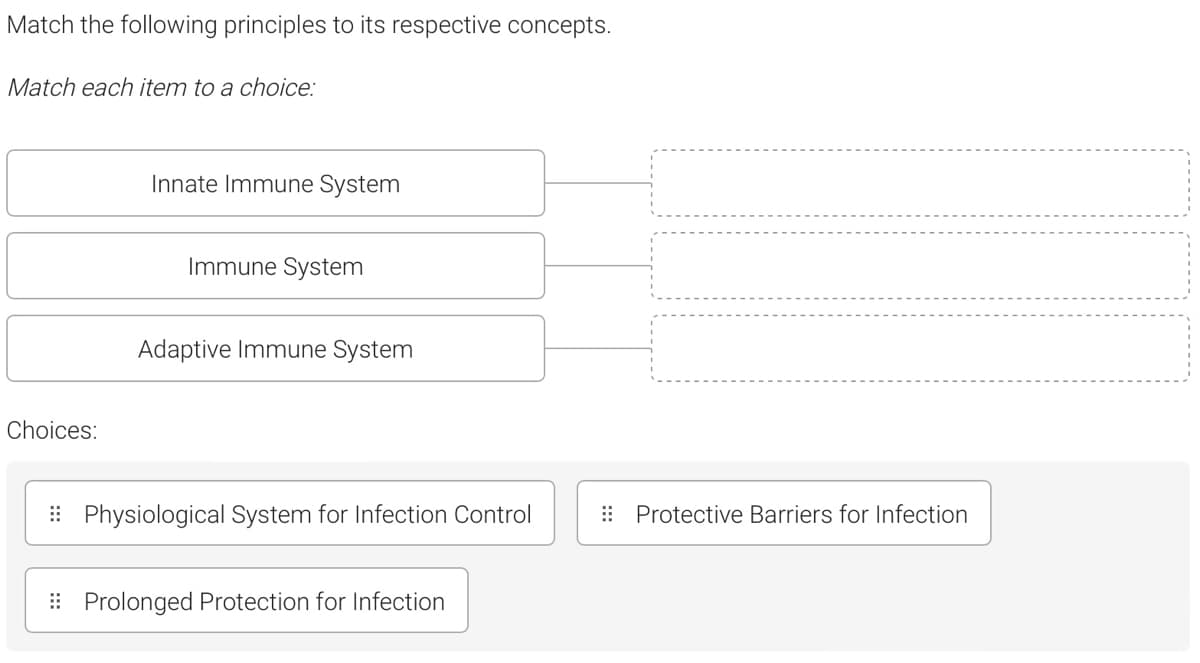 Match the following principles to its respective concepts.
Match each item to a choice:
Innate Immune System
Immune System
Adaptive Immune System
Choices:
: Physiological System for Infection Control
: Protective Barriers for Infection
: Prolonged Protection for Infection
