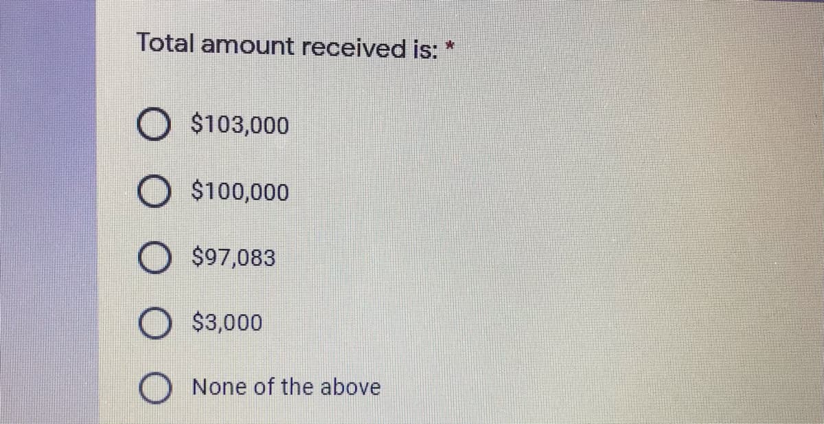 Total amount received is:
$103,000
$100,000
$97,083
$3,000
None of the above
