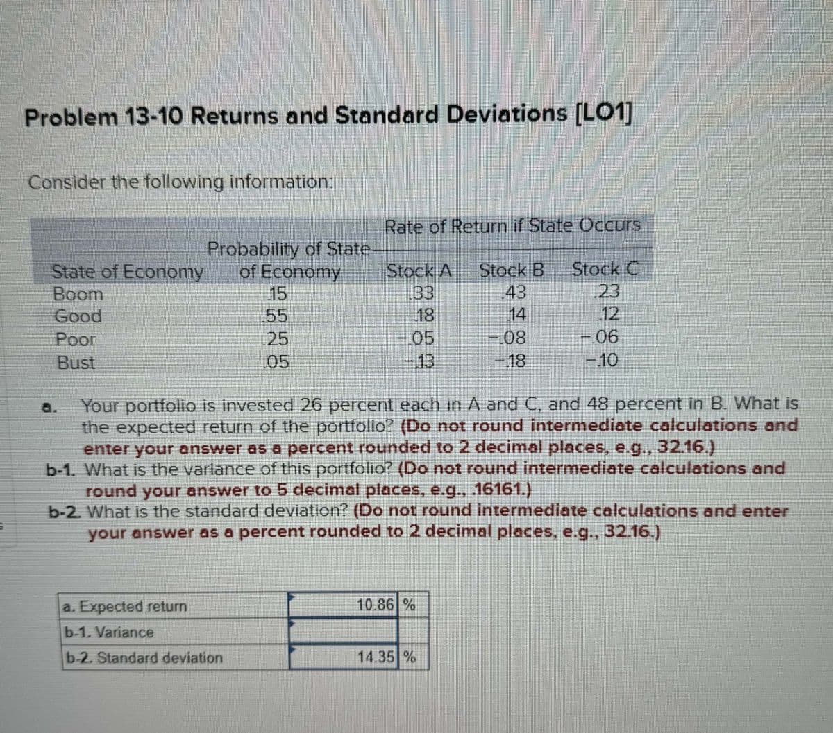 Problem 13-10 Returns and Standard Deviations [LO1]
Consider the following information:
Probability of State
State of Economy of Economy
Boom
Good
Poor
Bust
55
25
05
a. Expected return
b-1. Variance
b-2. Standard deviation
Rate of Return if State Occurs
Stock A Stock B Stock C
43
23
18
05
Your portfolio is invested 26 percent each in A and C, and 48 percent in B. What is
the expected return of the portfolio? (Do not round intermediate calculations and
enter your answer as a percent rounded to 2 decimal places, e.g., 32.16.)
b-1. What is the variance of this portfolio? (Do not round intermediate calculations and
round your answer to 5 decimal places, e.g., .16161.)
b-2. What is the standard deviation? (Do not round intermediate calculations and enter
your answer as a percent rounded to 2 decimal places, e.g., 32.16.)
10.86 %
-08
-18
14.35 %
-.06
-10