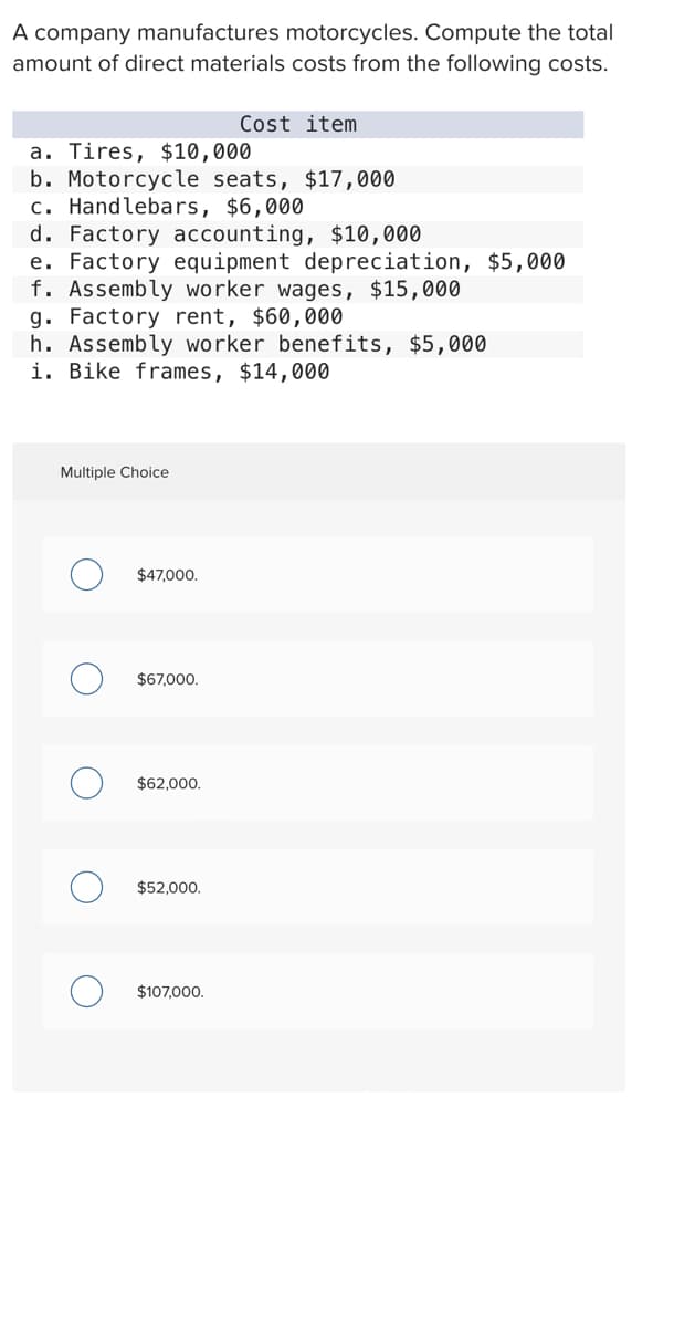 A company manufactures motorcycles. Compute the total
amount of direct materials costs from the following costs.
a. Tires, $10,000
b. Motorcycle seats, $17,000
c. Handlebars, $6,000
d. Factory accounting, $10,000
e. Factory equipment depreciation, $5,000
f. Assembly worker wages, $15,000
g. Factory rent, $60,000
h. Assembly worker benefits, $5,000
i. Bike frames, $14,000
Multiple Choice
$47,000.
$67,000.
$62,000.
Cost item
$52,000.
$107,000.