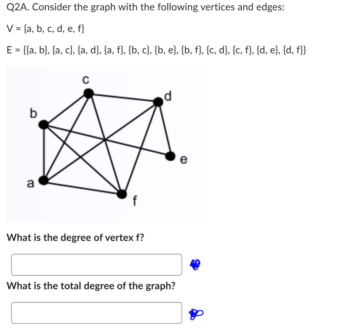 Q2A. Consider the graph with the following vertices and edges:
V = {a, b, c, d, e, f}
E = {{a, b}, {a, c}, {a, d}, {a, f}, {b, c}, {b, e}, {b, f}, {c, d}, {c, f}, {d, e}, {d, f}}
a
C
What is the degree of vertex f?
d
What is the total degree of the graph?
e